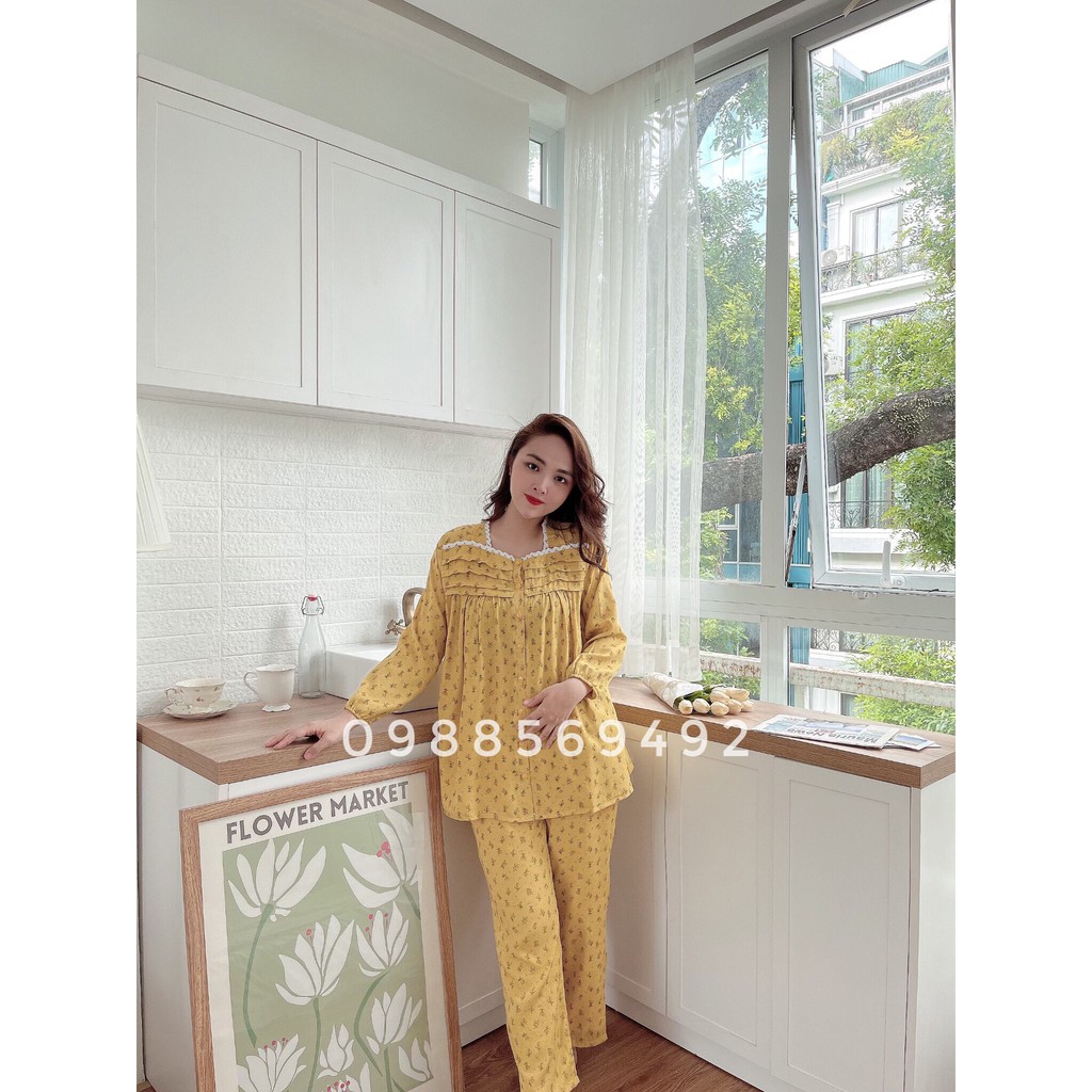 BỘ BẦU VÀ SAU SINH DÀI TAY CÓ MỞ CÚC CHO BÉ TI CHẤT TƠ HÀN HOA NHÍ