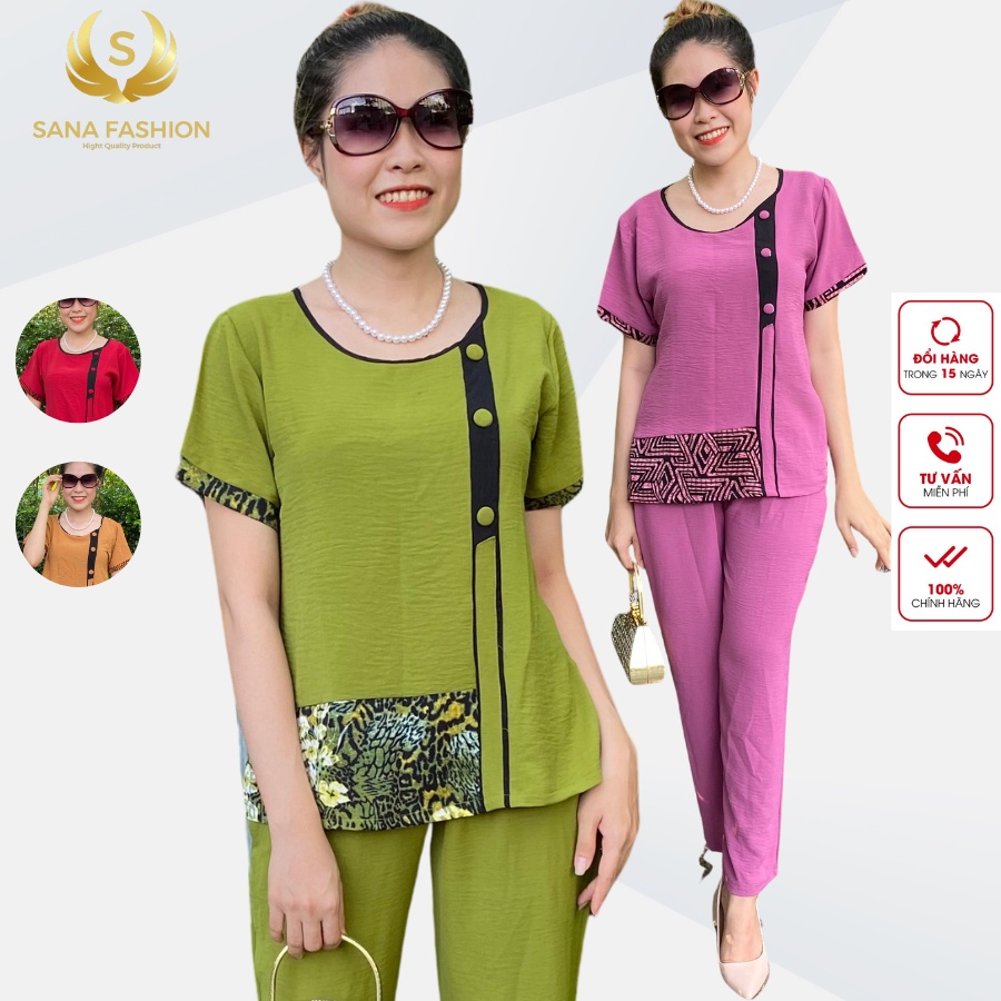 Đồ bộ nữ trung niên mặc nhà cho mẹ chất đũi phối mango cao cấp 3.NUT