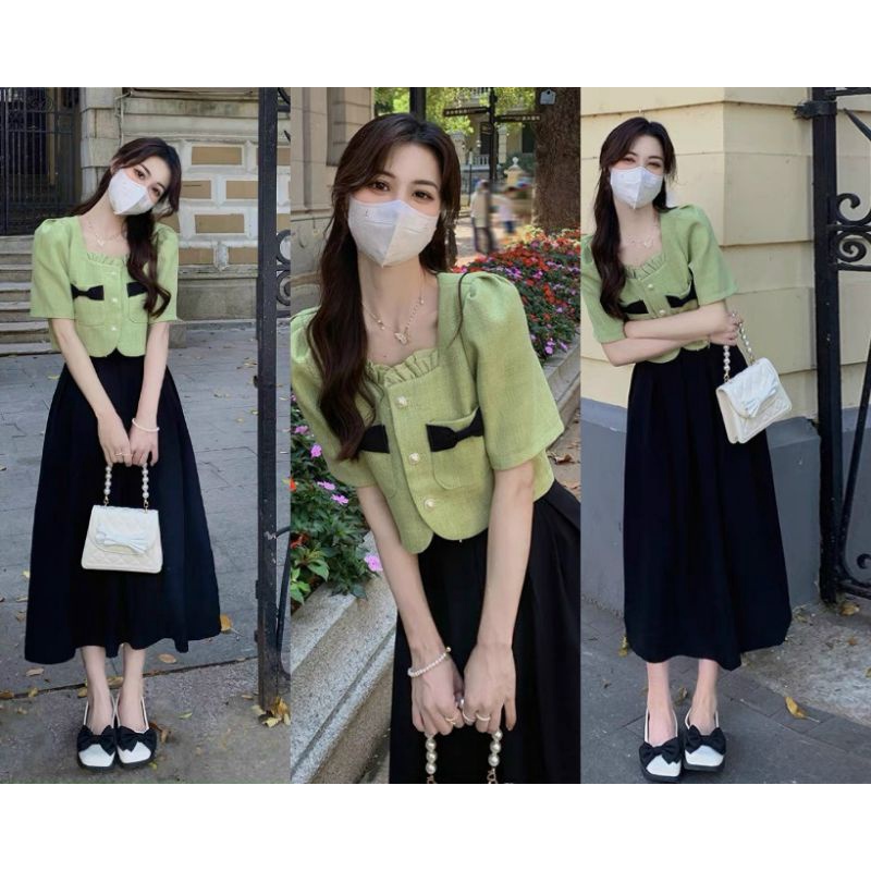 SET ÁO DẠ XANH BƠ + CHÂN VÁY MIDI ĐEN