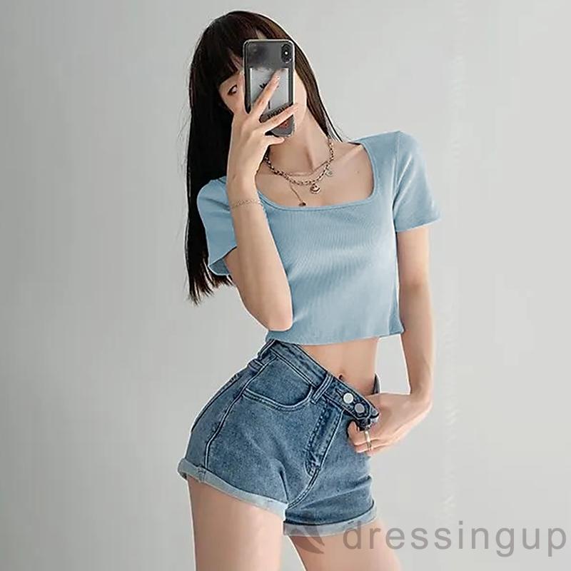 Áo Thun Dệt Kim Tay Ngắn Cổ Chữ U Màu Sắc Trơn Thời Trang Dành Cho Nữ