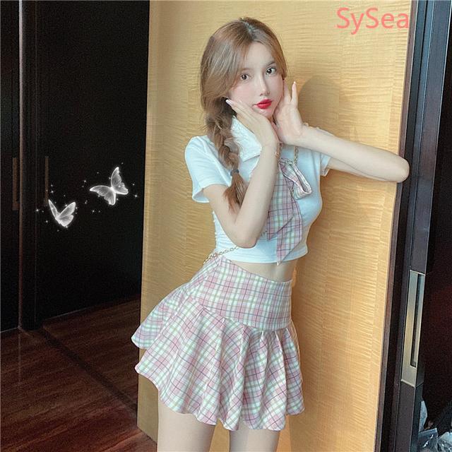 Set áo ngắn tay + chân váy xếp ly 3 món xinh xắn cho nữ