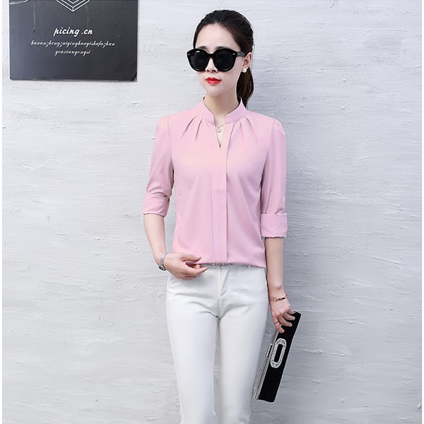 Sơ mi cổ tàu vải mịn đẹp, Sơ mi nữ công sở form rộng SM08