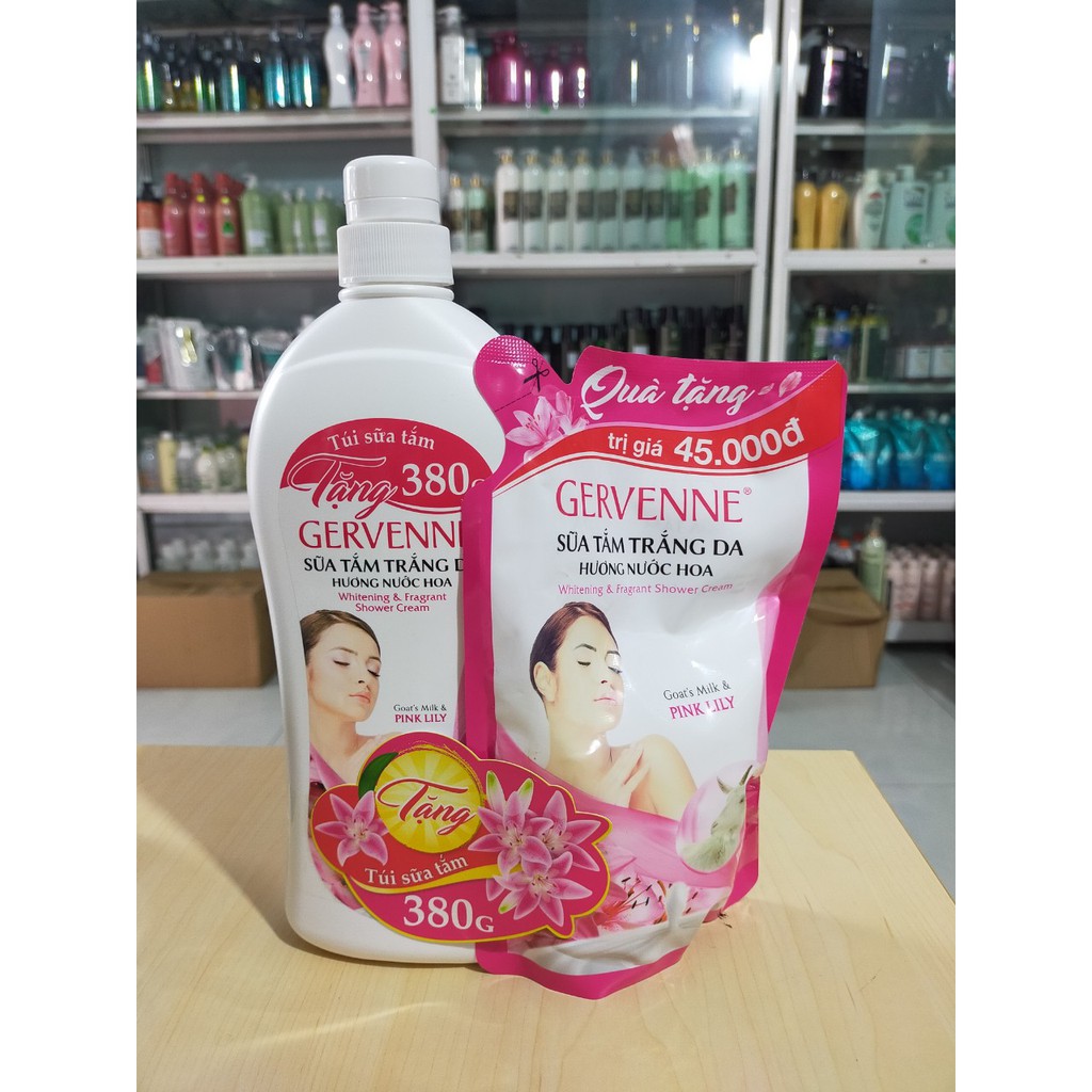 Sữa tắm trắng da Gervenne hương nước hoa Purple Lily 900ml+Tặng túi sữa tắm 450g