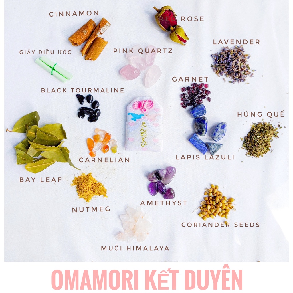 Túi Phước Omamori Kết Duyên Mix Đá, Thảo Mộc, Muối Hồng Himalaya