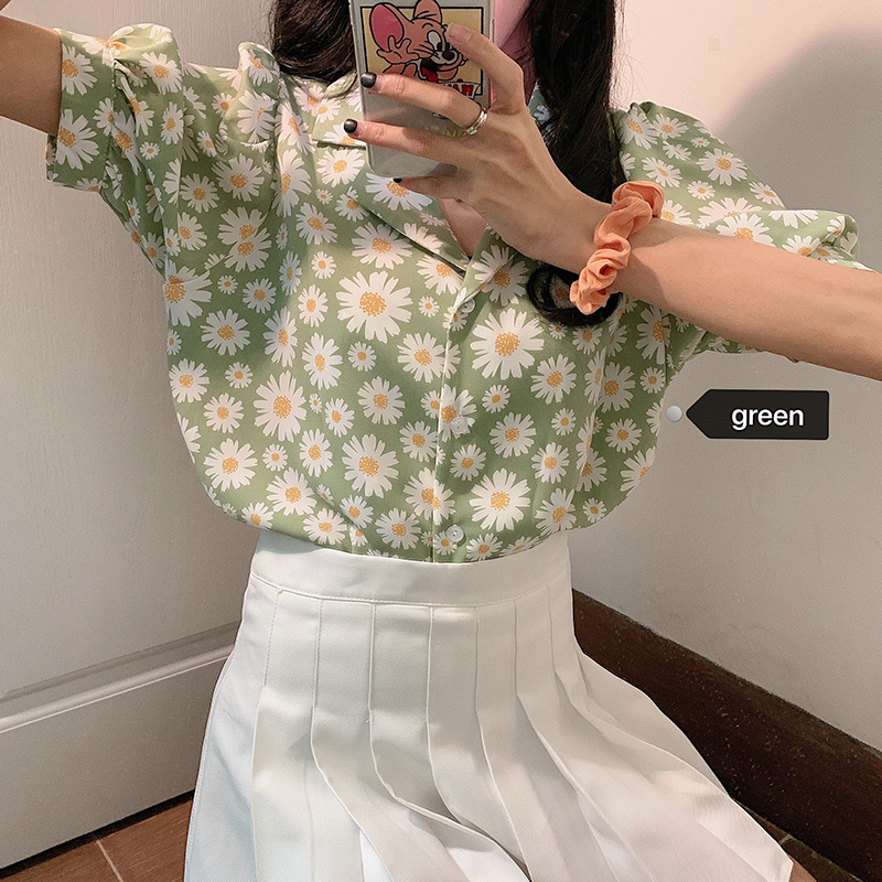 Áo sơ mi SUXI tay ngắn dáng rộng họa tiết hoa cúc phong cách Hàn Quốc thời trang dành cho nữ