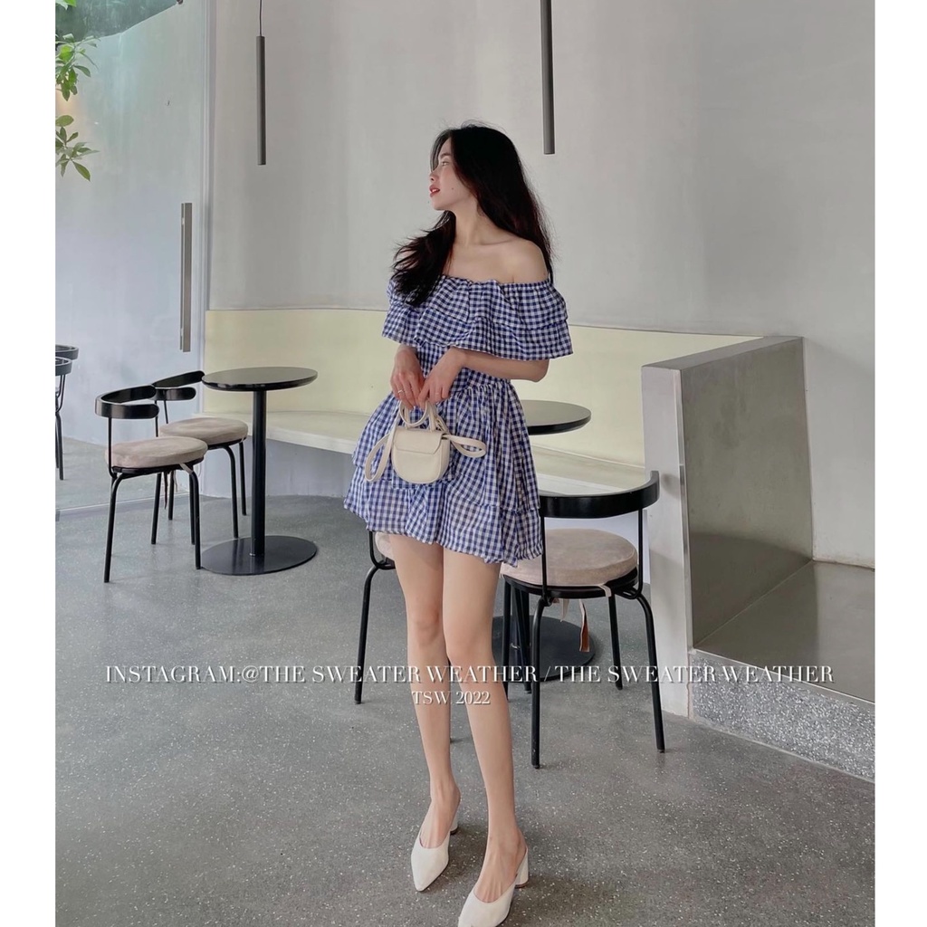 Váy trễ vai bèo chiết eo kẻ caro xanh bồng bềnh, Đầm kẻ mùa hè rực rỡ kozoda D46