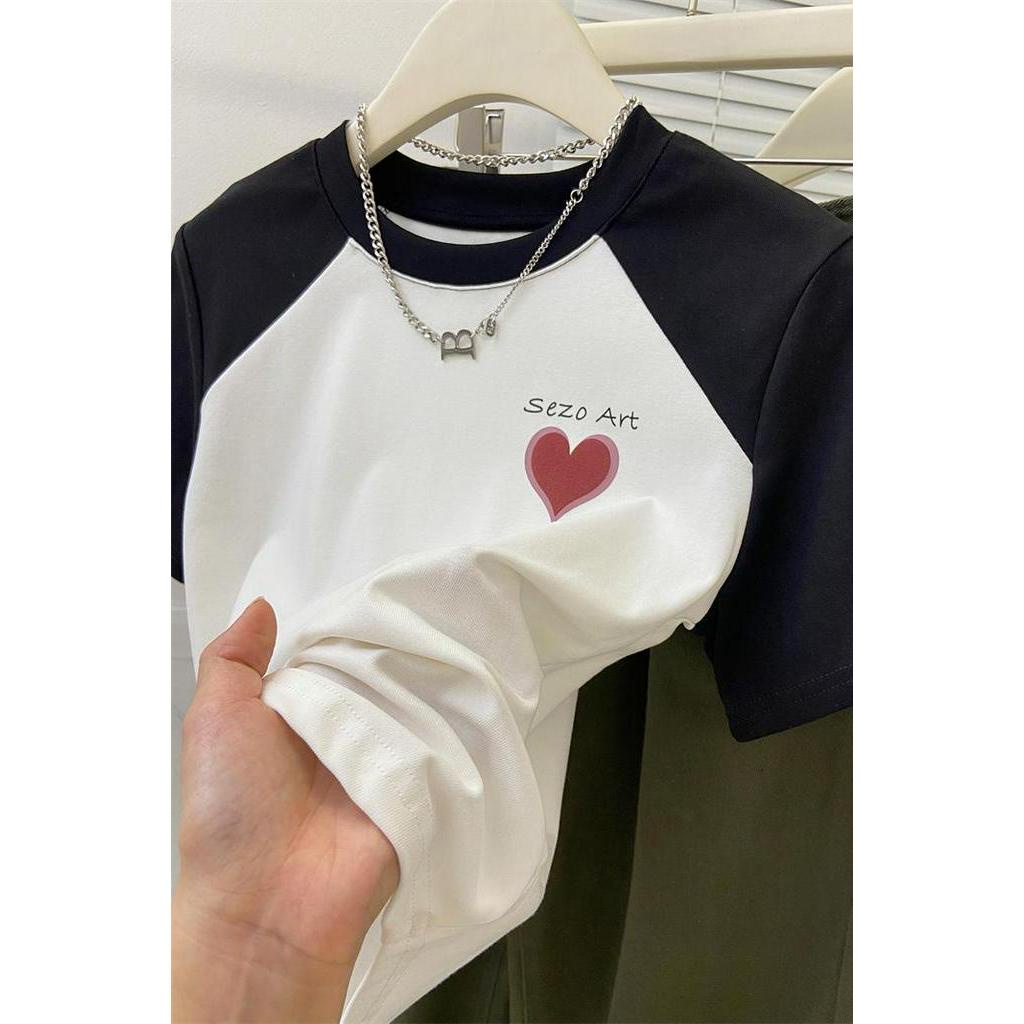 Áo Thun Raglan Tay Ngắn In Hình Trái Tim Màu Sắc Tương Phản 65024