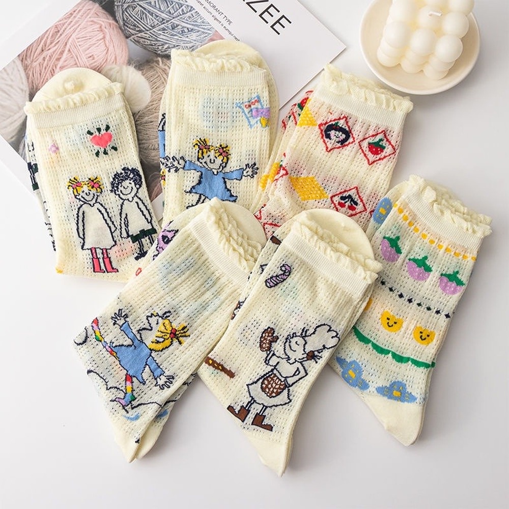 Set 2 đôi vớ mỏng phối ren họa tiết hoạt hình anime phong cách Nhật bản