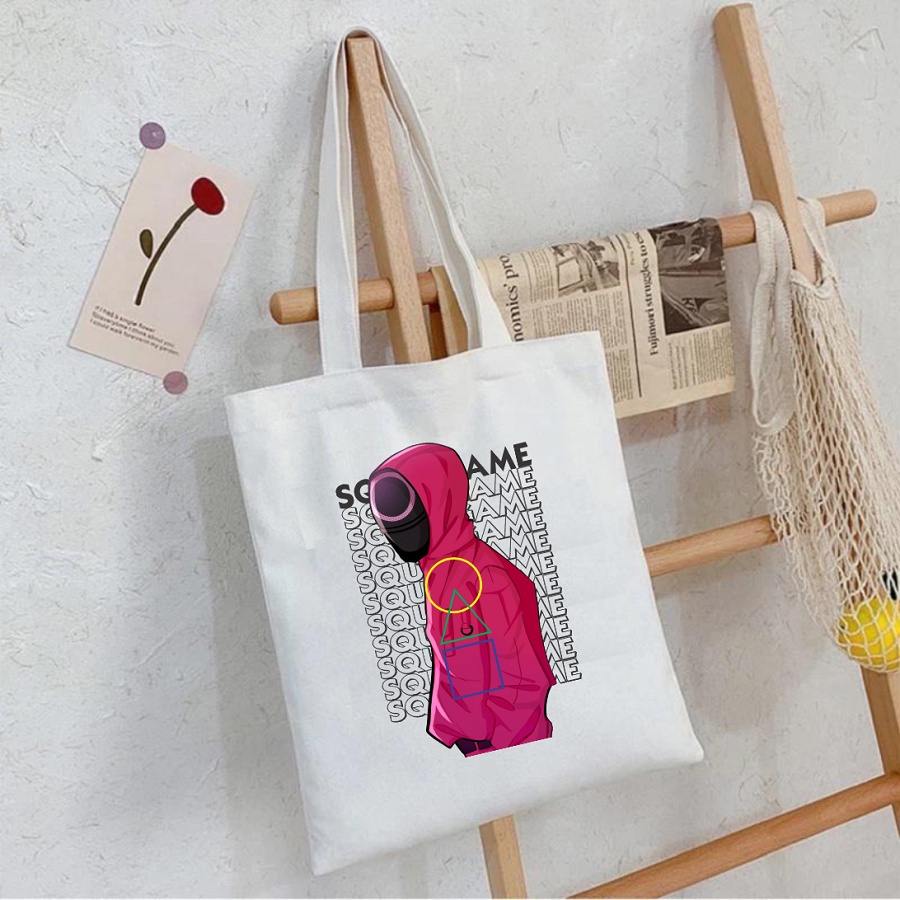 Túi tote túi vải canvas phong cách Hàn quốc, có khóa miệng in hình squid game trò chơi con mực
