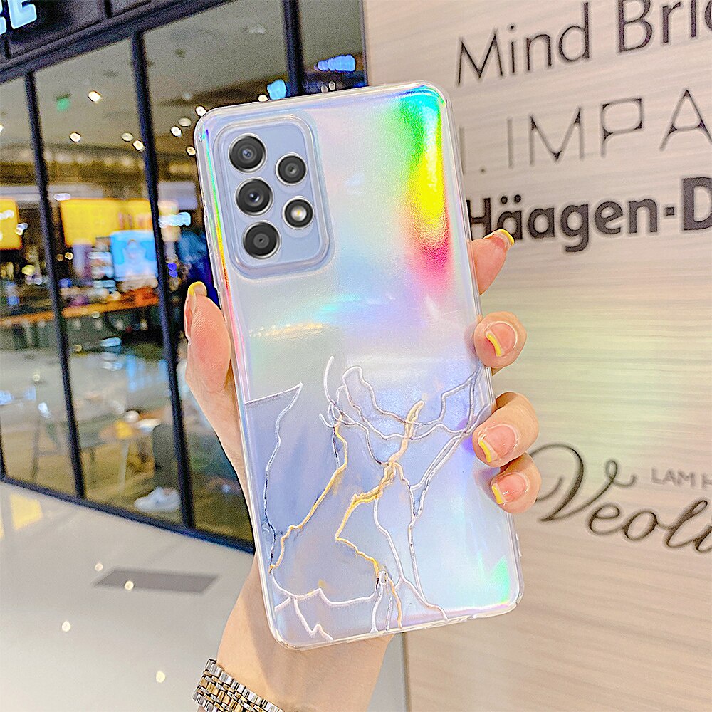 Ốp điện thoại mềm trong suốt in đá hoa cương màu laser cho Samsung Galaxy A52 A72 A32 5G A22 A12 A82 S21 Plus