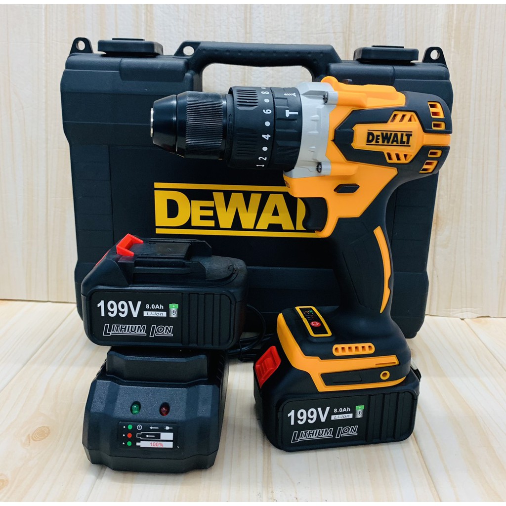 Máy khoan pin 199V Dewalt 3 chức năng có búa - Động cơ không chổi than siêu mạnh mẽ - Tặng kèm 10 mũi khoan cao cấp