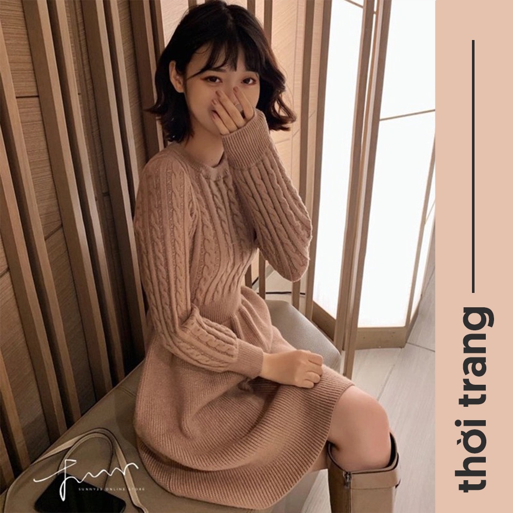 Váy / đầm len dáng xòe dài tay ôm dáng cổ tròn dày dặn ấm áp thời trang thu đông V00188