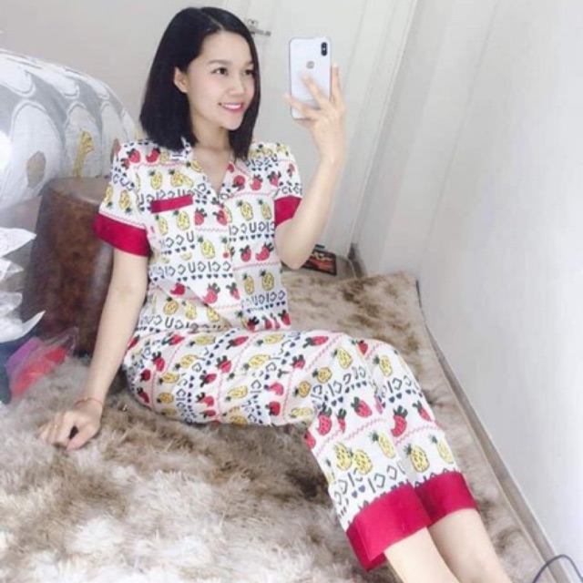 Bộ ngủ lụa satin ♛ Đồ ngủ nữ cao cấp họa tiết GG