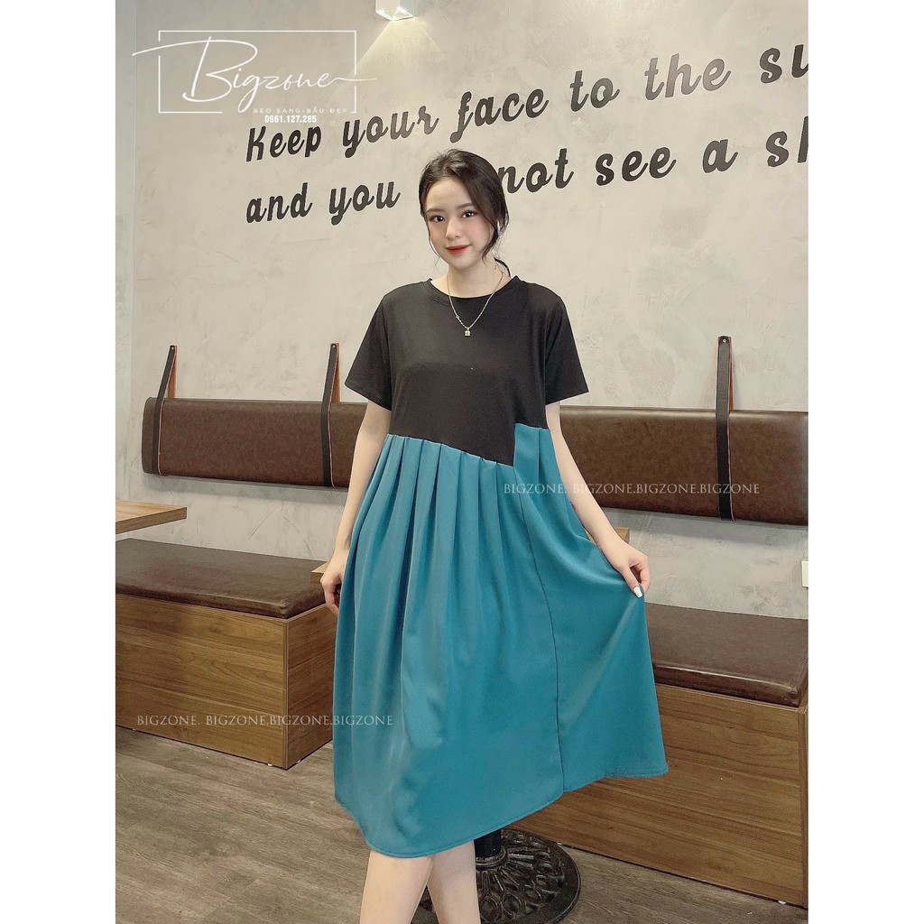 Đầm váy bầu cotton pha hai màu vạt chéo cách điệu 45 75kg