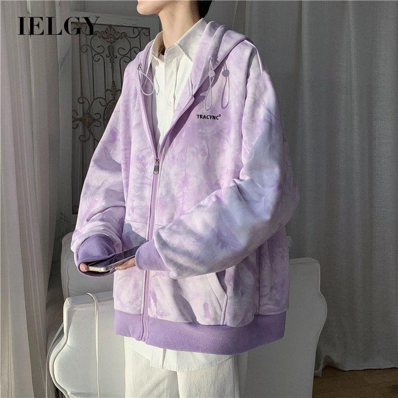 Áo khoác IELGY tay dài dáng rộng màu nhuộm phối khóa kéo thời trang cho cả nam và nữ