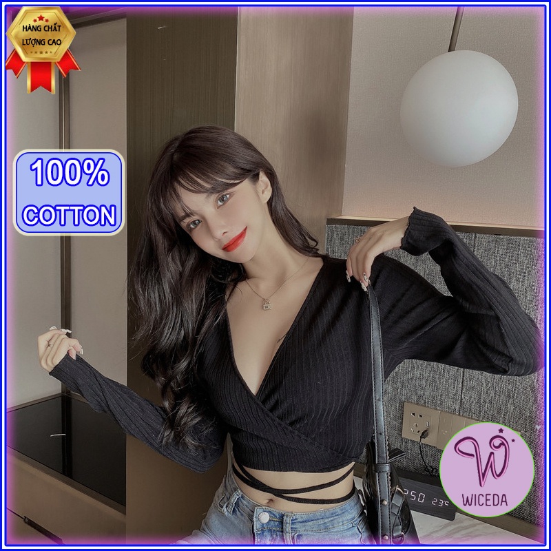 Áo croptop dài tay ôm body dây quấn eo xinh , áo kiểu crt chất len cotton 2 màu đen trắng Wiceda AD366