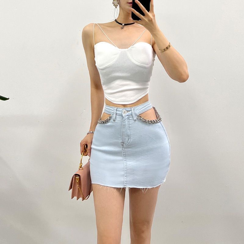 Jiashucheng Chân Váy Denim Chữ a Hở Vai Phối Dây Xích Thời Trang Mùa Hè Quyến Rũ Dành Cho Nữ