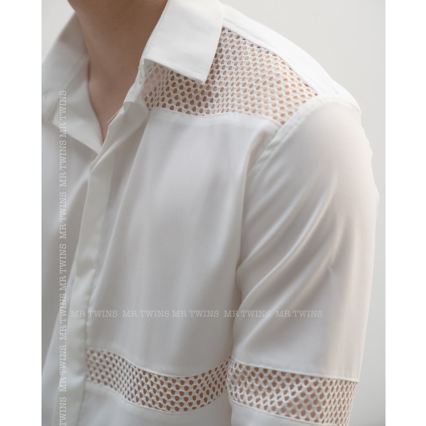 Áo Sơ Mi Nam Dài Tay Phối Lưới Màu Trắng/Đen Thương Hiệu MrTwins