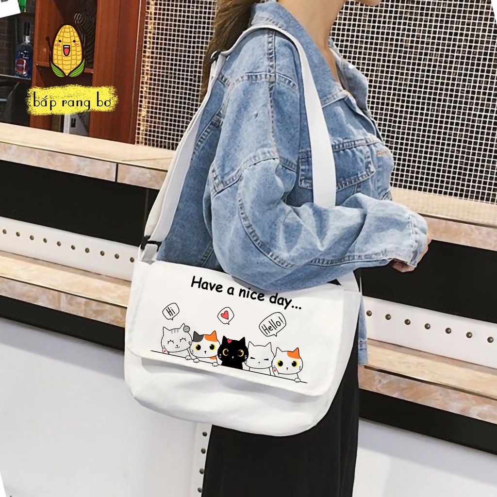 TÚI VẢI ĐEO CHÉO MÈO CUTE CÓ TÚI CON ĐỂ SÁCH A4 TOTE CANVAS ĐI HỌC ĐI CHƠI