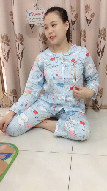 Bộ bầu và sau sinh chất thô cao cấp quần có chun chỉnh bụng áo kéo khoá ngực tiện lợi cho mẹ 50-75kg
