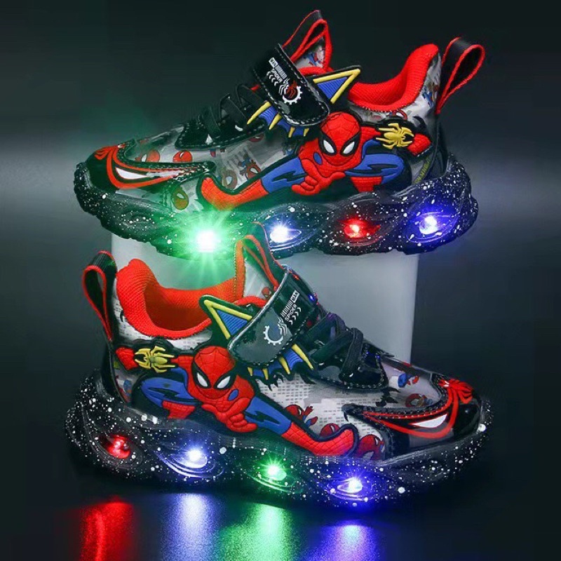 Giầy thể thao siêu nhân spider man bé trai có đèn led cảm ứng nhấp nháy ngoài da pu mềm cá tính, đến sz36 QCCC A111