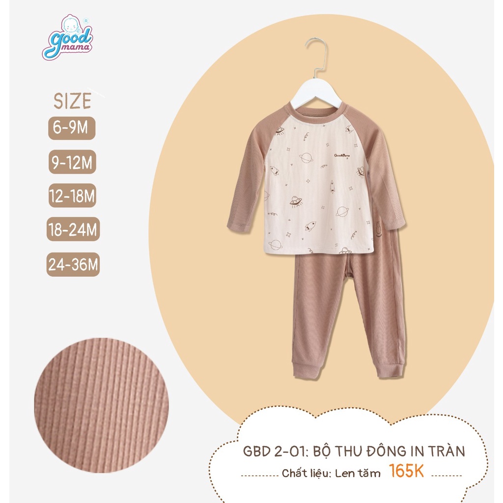[CHÍNH HÃNG] Bộ dài tay raglan thu đông len tăm bo gấu in tràn họa tiết trẻ em Good Mama
