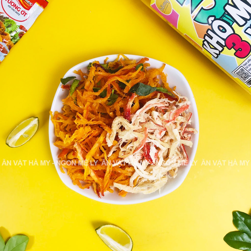 Khô mực mix 3 vị (mực sốt tomyum, mực sốt bơ tỏi, mực hấp dừa) hũ 300g, đồ ăn vặt Hà My