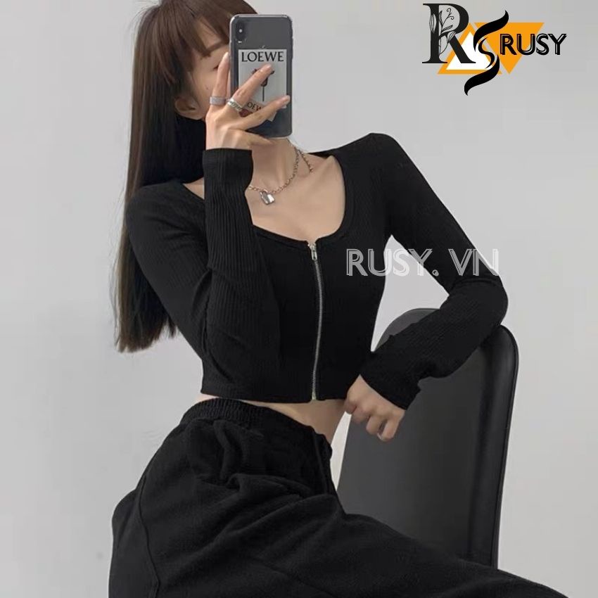 Áo Croptop Tay Dài Nữ Dây Kéo Khoá Ngực Thun Gân Tốt Ulzzang, Áo thun nữ dài tay chất vải tốt mặc đẹp basic dày dặn