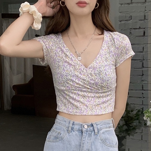 Áo Thun Ngắn Tay Cổ Chữ v In Hoa Eo Cao Thời Trang Mùa Hè Phong Cách Hàn Quốc Mới Dành Cho Nữ