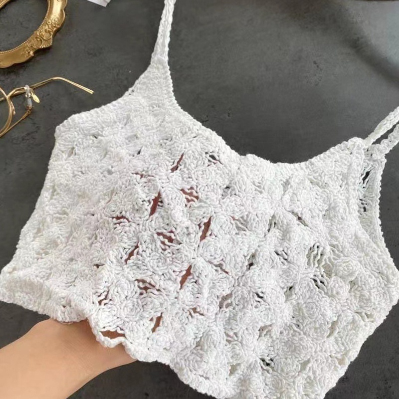 Áo kiểu croptop dệt kim khoét lỗ hai dây mảnh họa tiết kẻ ô hoa phong cách boho đi biển dành cho nữ