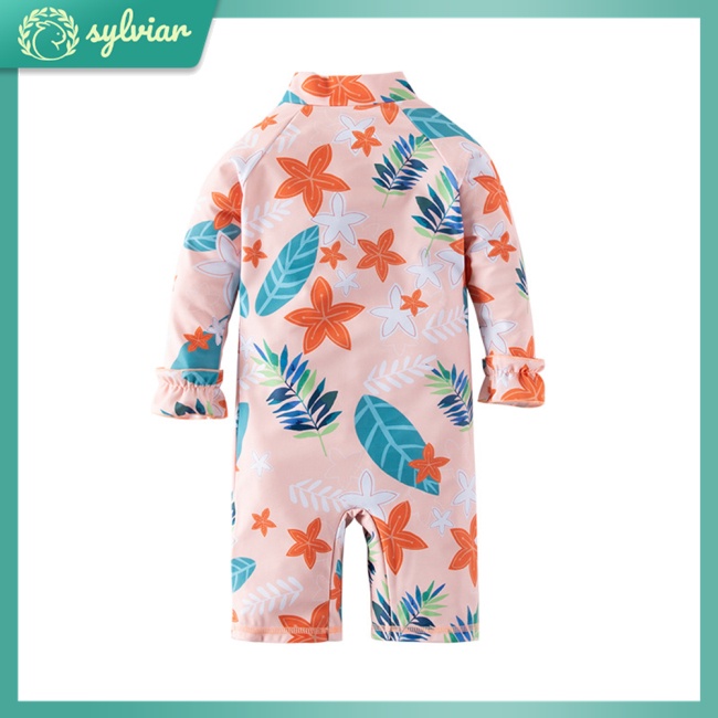 Bộ Đồ Bơi 2 Mảnh Dài Tay Họa Tiết Hoa Lá Xinh Xắn Cho Bé Gái