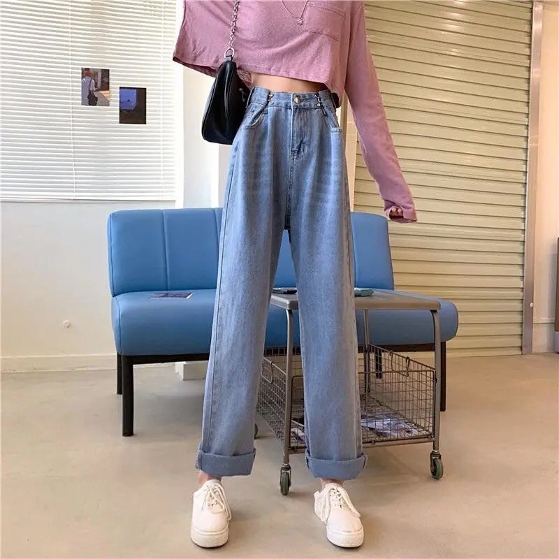 [SẴN] Quần jeans denim dài cạp cao, ống suông, có nút gài eo quần bò thần thánh kéo dài chân