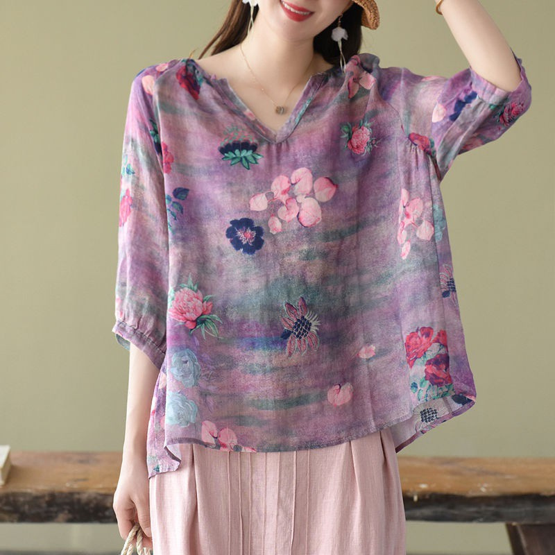 Áo Sơ Mi Vải Lanh Cotton Dáng Rộng In Họa Tiết Kỹ Thuật Số Cổ Điển Thời Trang Mùa Hè Mới Cho Nữ