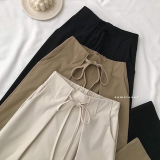 💥Quần Cullotes kaki dây nơ cạp cao ống suông dài [MÃ CJDE5 GIẢM 5k]💥Quần ống rộng phối nơ màu đen be nâu 21196 ulzzang
