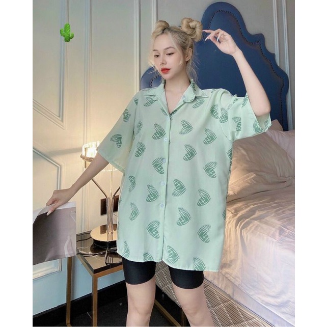 Áo sơ mi in hình trái tim phôm rộng PC