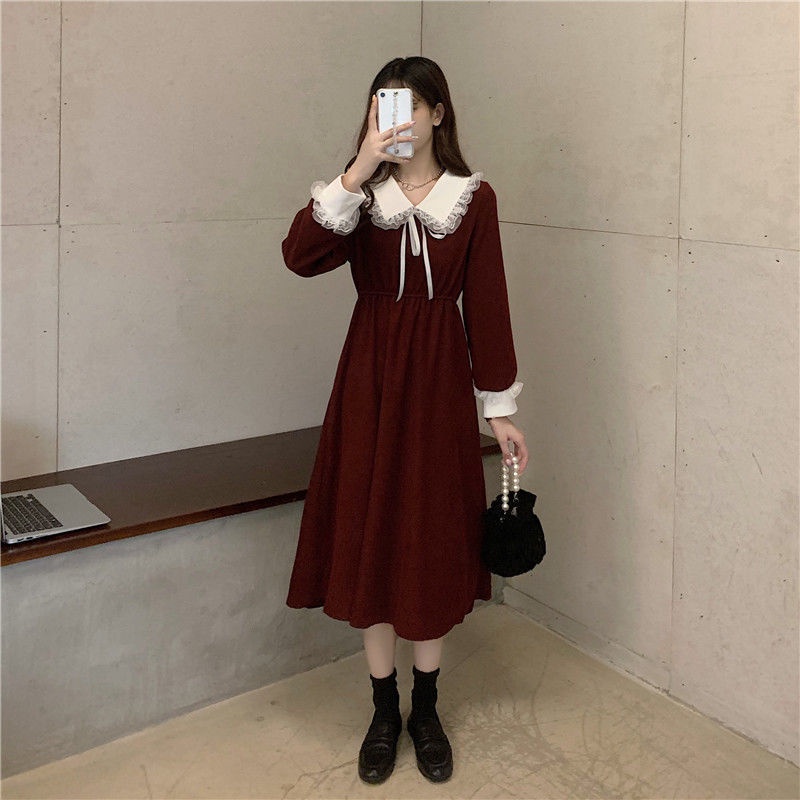 Váy Đỏ Tết Tiểu Thư Đầm noel đỏ Tay Dài Dáng Dài Chữ A Cổ Ren Bèo Ulzzang Sang Chảnh Xiaozhainv vn 24 K-27