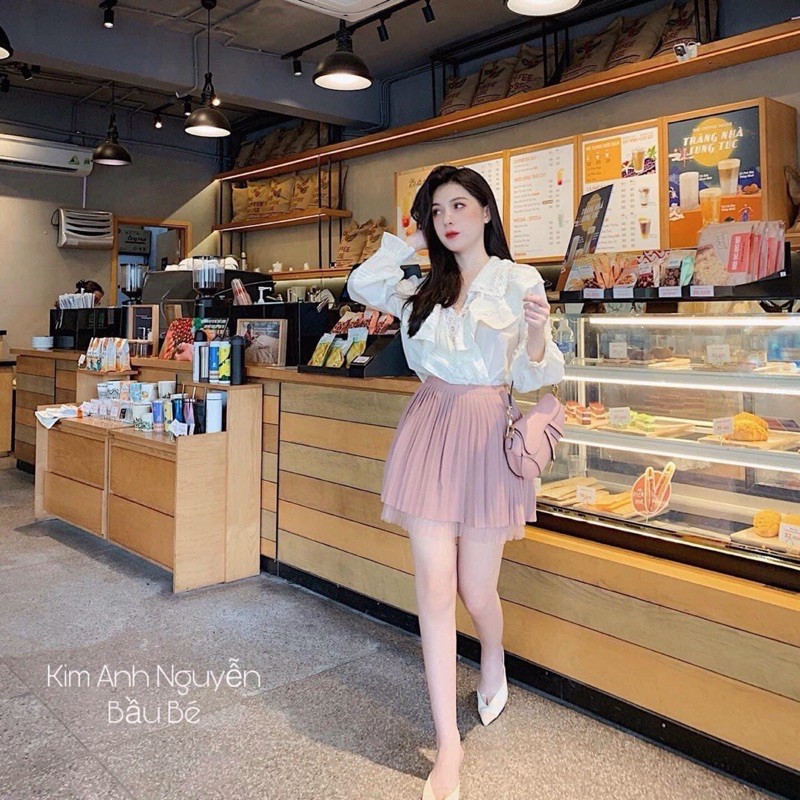 Chân váy ly ngắn pha chân voan