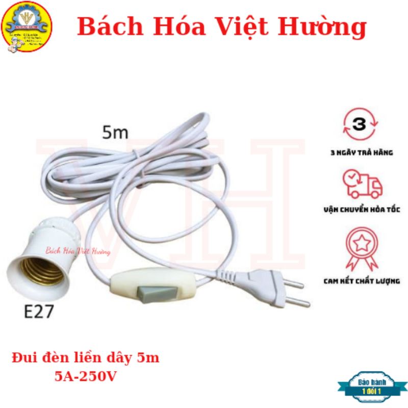 Đui đèn liền dây có công tắc dạ quang và phích cắm đủ độ dài 2,5m, 5m, đui đèn chống vỡ, chịu nhiệt, chịu mưa tốt