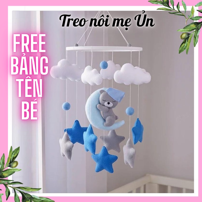 Đồ chơi treo nôi cho bé kích thích thị giác cho bé, tự xoay và phát nhạc mẫu Gấu xám và Trăng Xanh bé trai