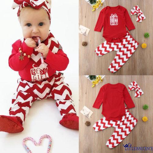 ❤XZQ-Best 3PCS Lovely Newborn Kids Baby Girls Christmas Long Sleeve Romper + Waved Long Pants + Headband Outfits Set