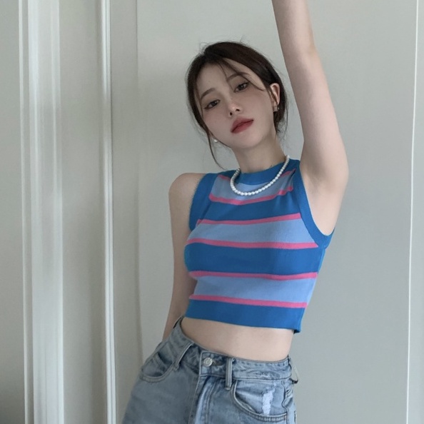 Áo dệt kim ZHELIHANGFEI không tay kẻ sọc gợi cảm thời trang