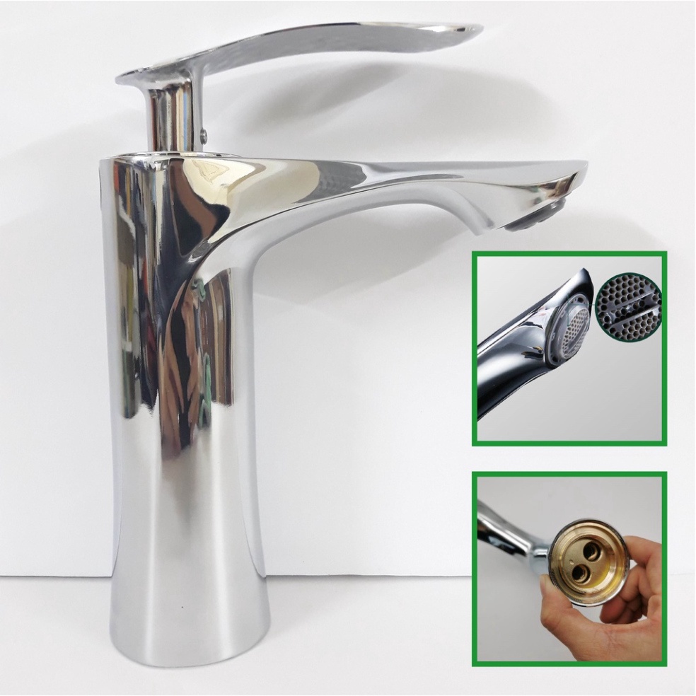 [ Hàng Mới Về ] Vòi lavabo, bồn rửa mặt nóng lạnh kiểu dáng lá liễu bằng đồng mạ inox 20cm dành cho bàn đá