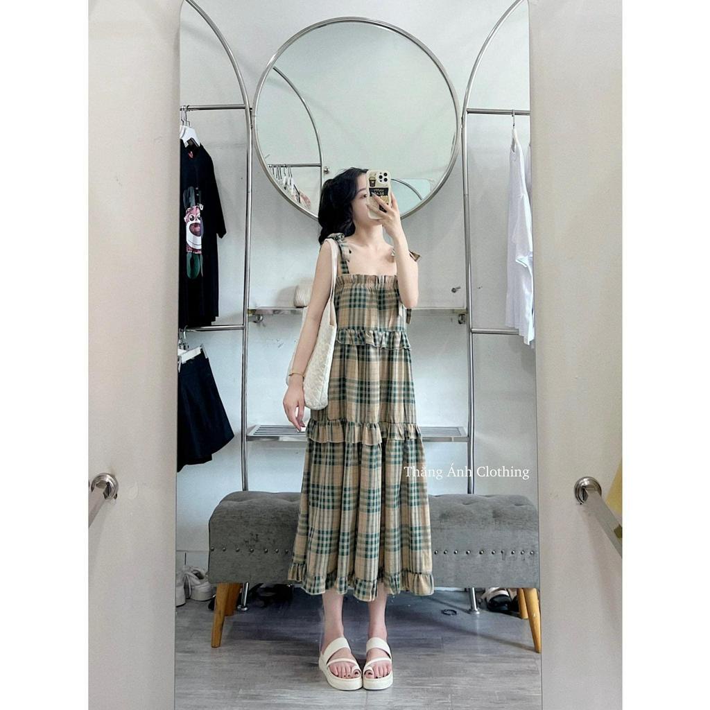 Váy BabyDoll Dáng Dài 3 Tầng Dây Buộc Đầm Nữ 2 Dây Buộc Vai Kẻ Caro Dáng Xoè Freesize