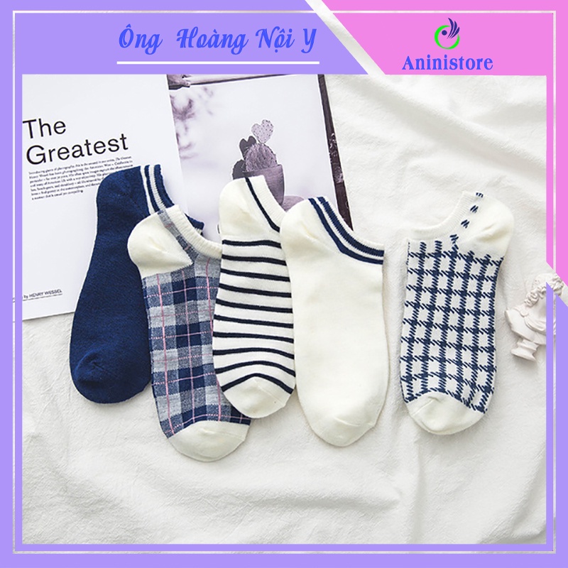Tất cổ ngắn, vớ cổ ngắn nữ vải cotton họa tiết CARO XANH co giãn phụ kiện thời trang (TP CN 002 – Aninistore)