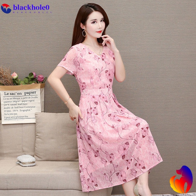 BH Summer Slim V-neck Floral Dress Elegant Short Sleeves Middle Long Printing Causal Dress