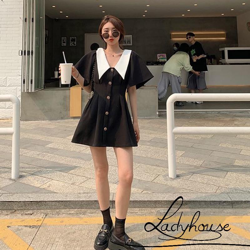 Ldd-đầm Ngắn Tay Mini Cổ Peter Pan Cài Nút Màu Sắc Tương Phản Thời Trang Mùa Hè Cho Nữ