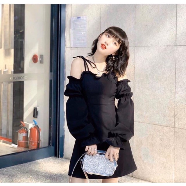 Váy trễ vai trắng tiểu thư dáng dài tay bo, Đầm trắng trễ vai ulzzang bánh bèo DUKO FASHION V03