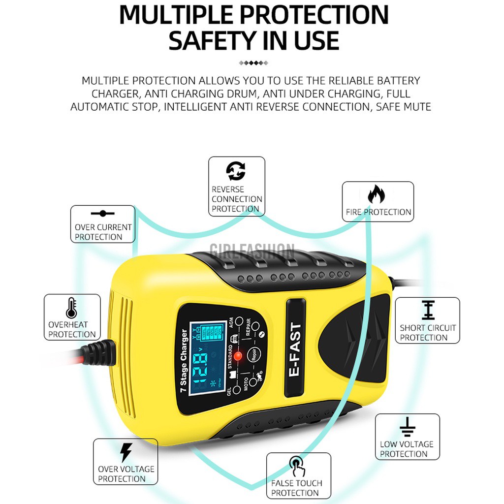 【Fashion】12V Car and Motorcycle Battery Charger Lithium Lead-acid Charger Memory Function Charging Repair