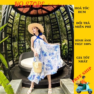[Maxi] Đầm maxi đi biển dập li hoạ tiết cổ yếm cột sau dáng dài hở lưng kèm mút - Maxi HQ store