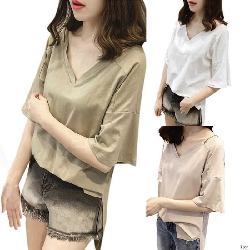 Áo thun tay ngắn cổ tim dáng rộng màu trơn cho nữ